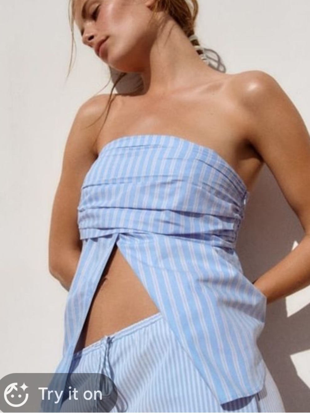 ZARA Striped Blue Strapless Button-Front Top